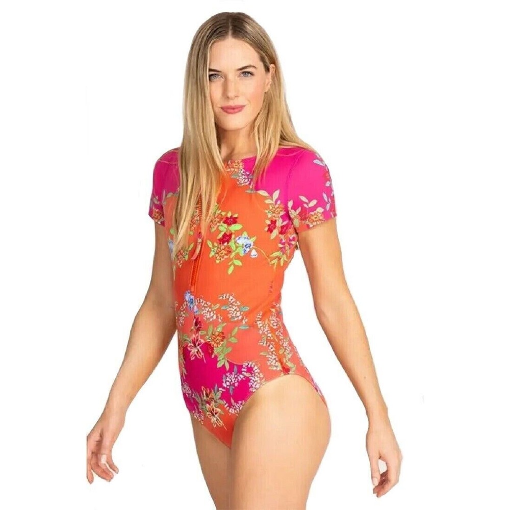 Johnny Was Swimsuit Womens Small Orange One Piece Wave Surf Neoprene 1/2 Zip